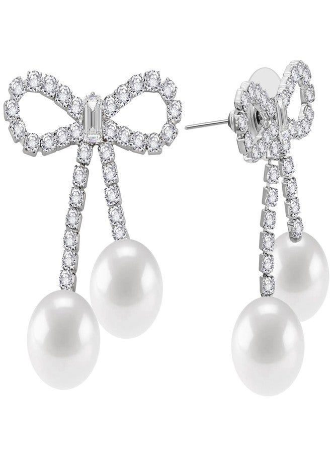 PLwelth Rhinestone Bow Earrings for Women Cute Pearl Drop Dangle Earrings Sparkle Sliver Tassel Earring Bow Statement Earring for Wedding Bridal Prom Birthday Christmas Gifts Stocking Stuffers - Image 1